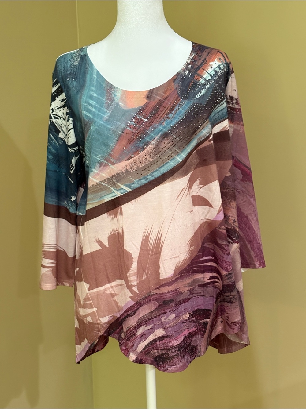 80’s Abstract Print Scoop Neck studded. Women's Top in Pink and Teal